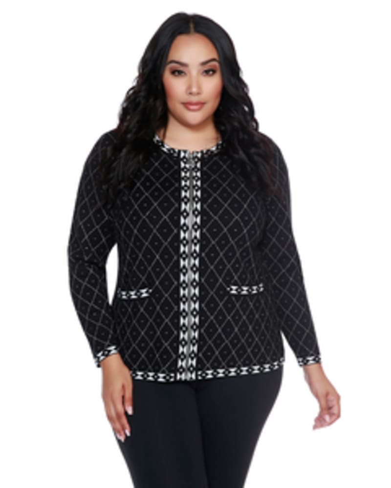 Front of a model wearing a size 1X Alice Argyle Zip Up Cardigan in BLACK/PEWTER/SILVER by Belldini Black Label. | dia_product_style_image_id:245855